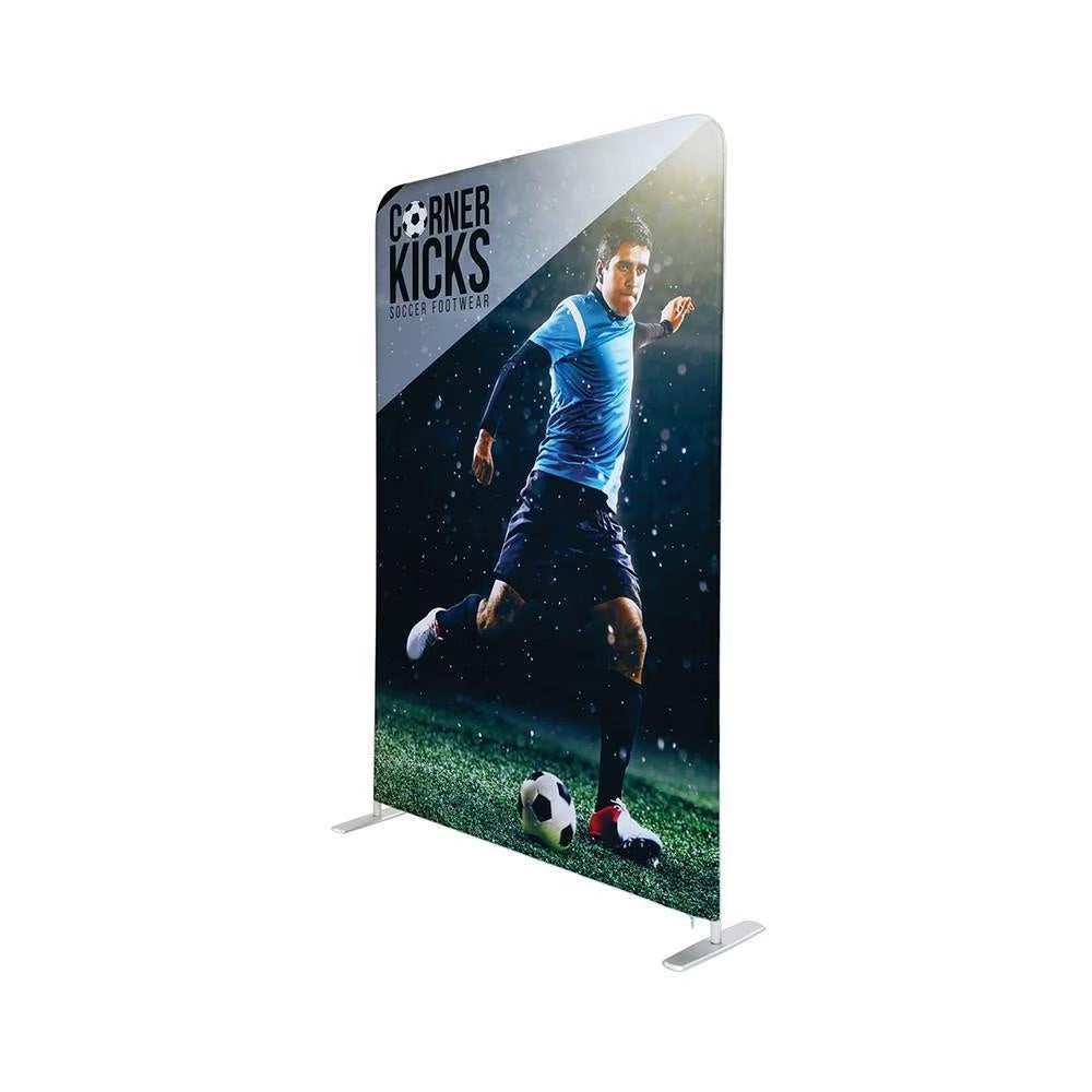 5 ft EZ Stand tension fabric display, single-sided graphic package with white back fabric on a slim aluminium tube frame