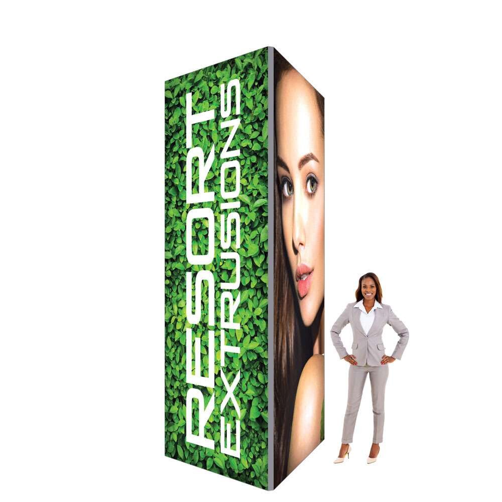 Big Sky Square Tower backlit LED trade show display tower with silver frame and 4-sided SEG fabric graphics