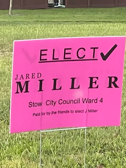Yard sign and 9-gauge galvanized steel H-stake that slides into the coroplast flutes
