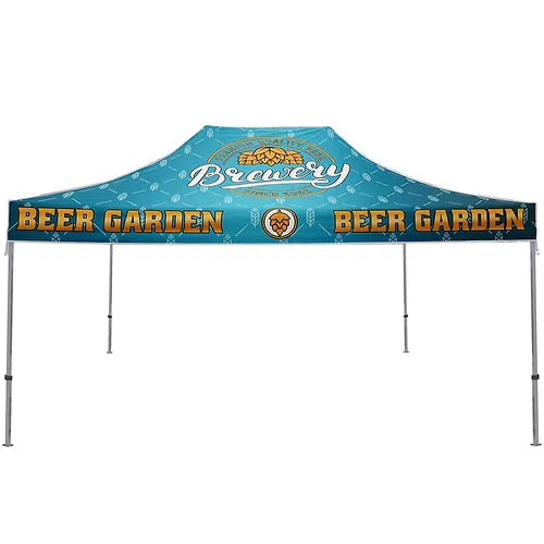 Custom printed 15ft aluminum pop-up canopy tent with custom graphics for outdoor trade shows and events
