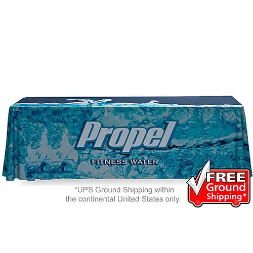 Custom printed 8ft table throw with full color branding for trade show events