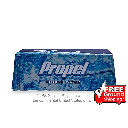Custom printed 6ft table throw with full color logo for trade show events