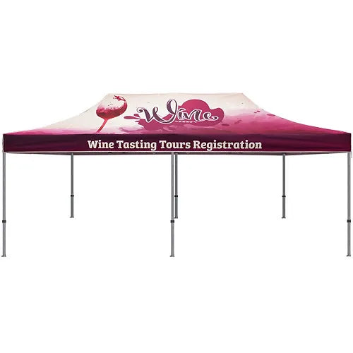 Custom printed 20ft aluminum pop-up canopy tent with custom graphics for outdoor trade shows and events