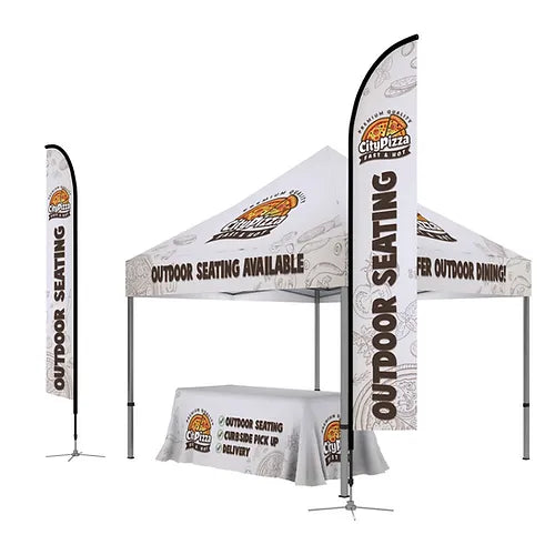 Custom printed 10x10 aluminum canopy tent showcase package B with two 14ft feather flags and custom 6ft tablecloth
