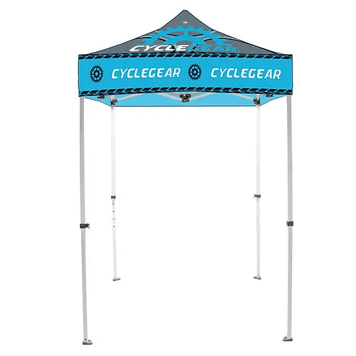 Custom printed 5x5 steel pop-up canopy tent with custom graphics for outdoor booths and events