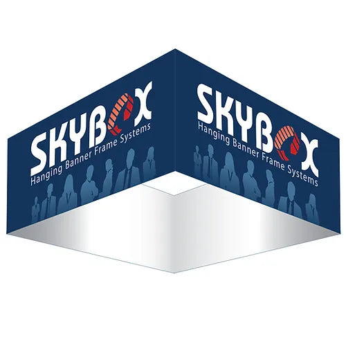 8ft square trade show hanging sign overhead 4 sided fabric display banner with rigging hardware and travel bag