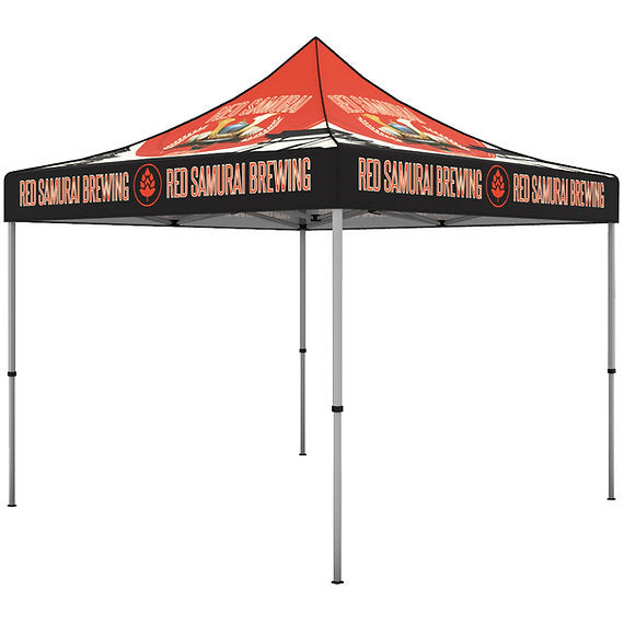 Custom printed 10x10 pop-up canopy tent showcase package A with full back wall and matching tablecloth