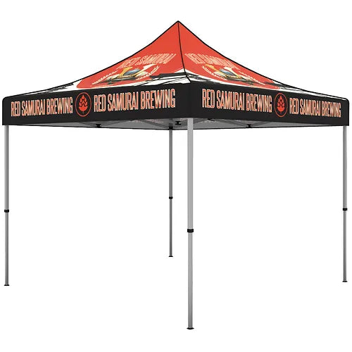 Custom printed 10ft steel pop-up canopy tent with custom graphics for outdoor trade shows and events