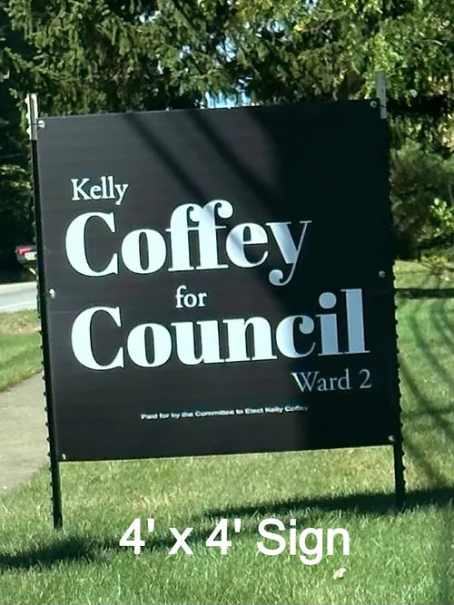 Custom printed coroplast yard sign with galvanized steel H-stake, as supplied in sets