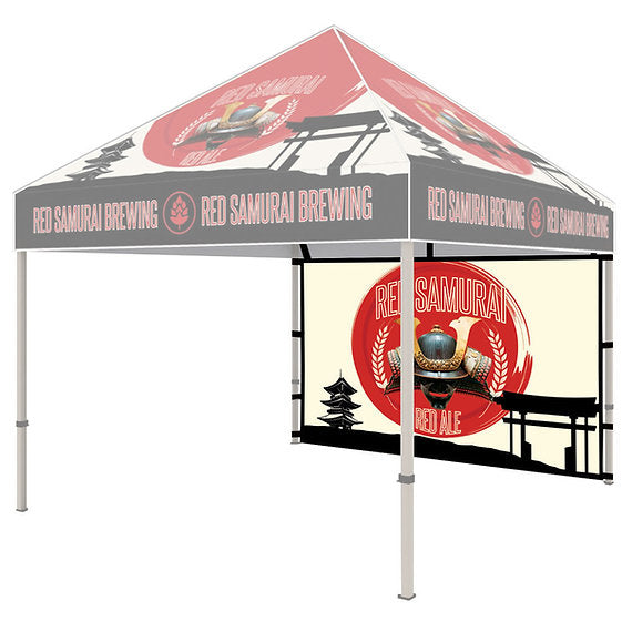 Complete 10x10 custom printed pop up canopy tent showcase package A with full back wall and matching tablecloth
