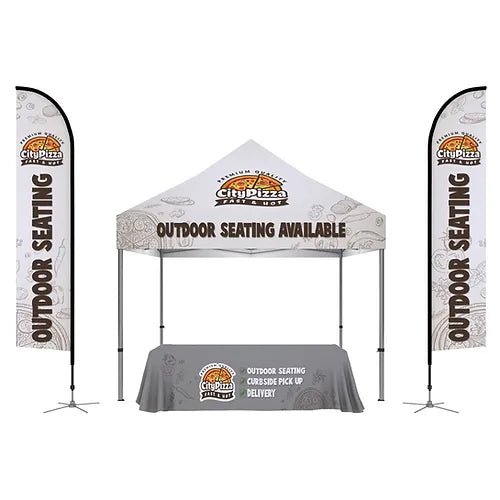 10x10 custom aluminum canopy tent showcase package C with two 14ft feather flags and 8ft custom tablecloth