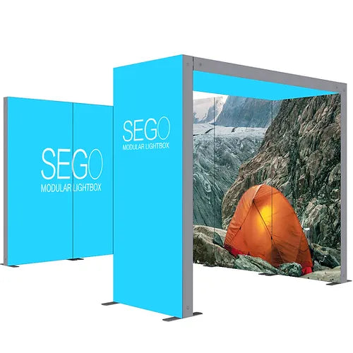 SEGO 15x10 backlit modular double sided LED lightbox display configuration g with SEG fabric graphics and rolling travel case