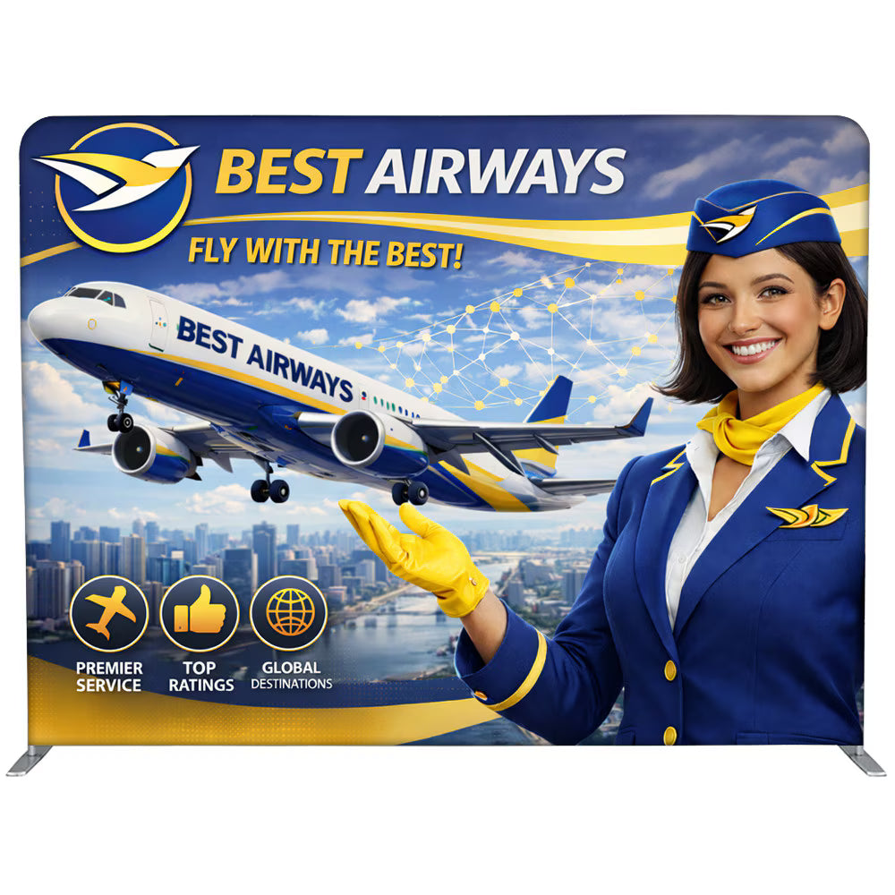 Full 10ft wide EZ Stand Flight portable trade show backdrop with custom printed vibrant tension fabric graphic.