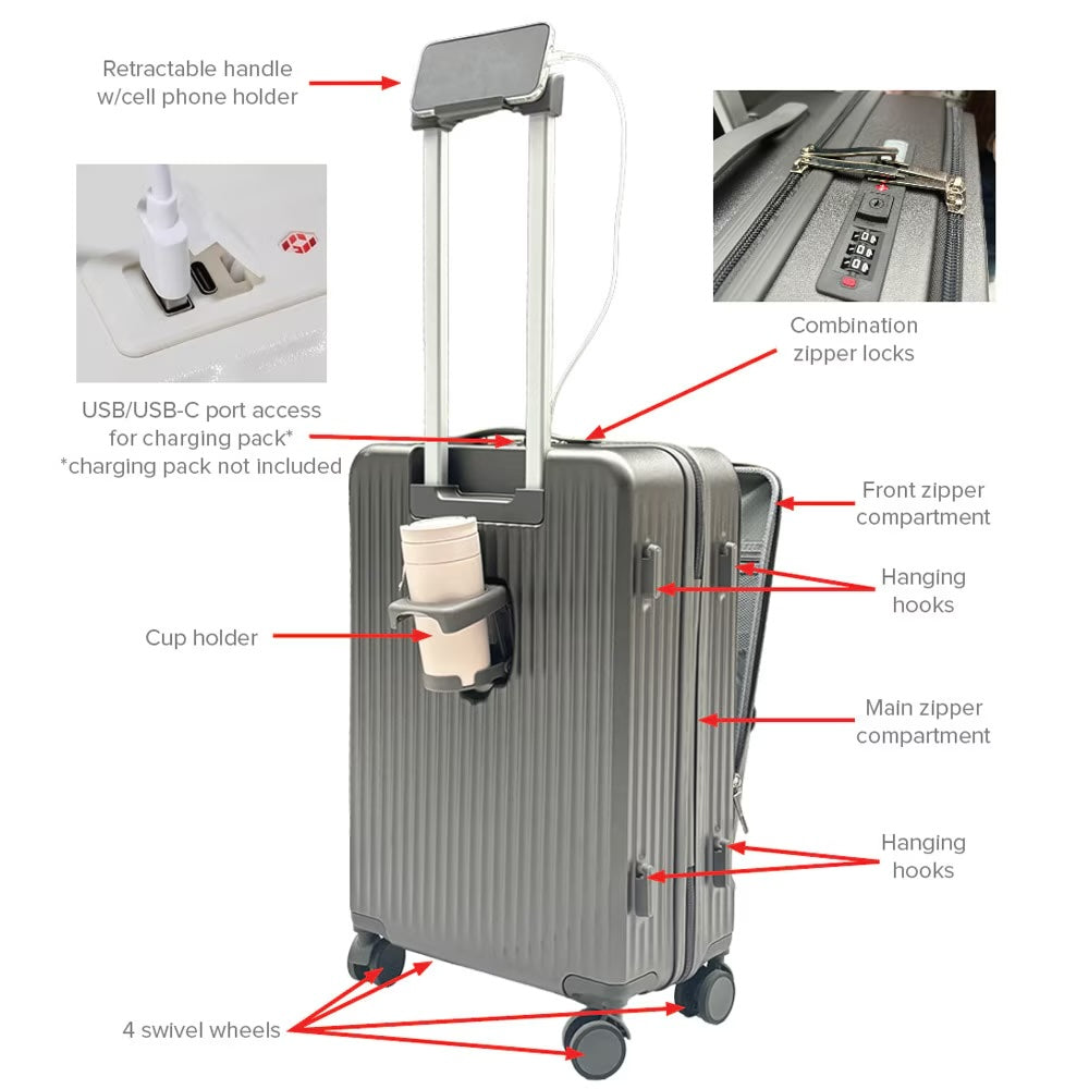 Deluxe rolling airline carry-on travel bag for EZ Stand Flight featuring a telescoping handle, storage pockets, and integrated USB charging pass-through ports.