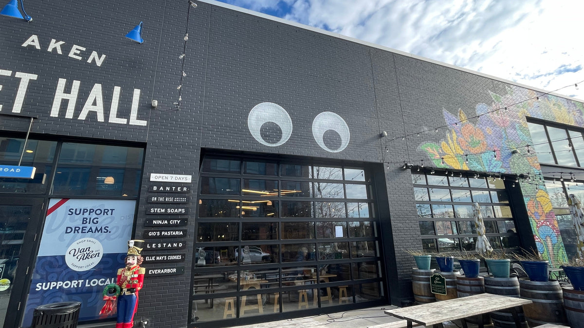 Giant $52''$ diameter Googly Eyes installed on the exterior brick facade of the Van Aken Center.