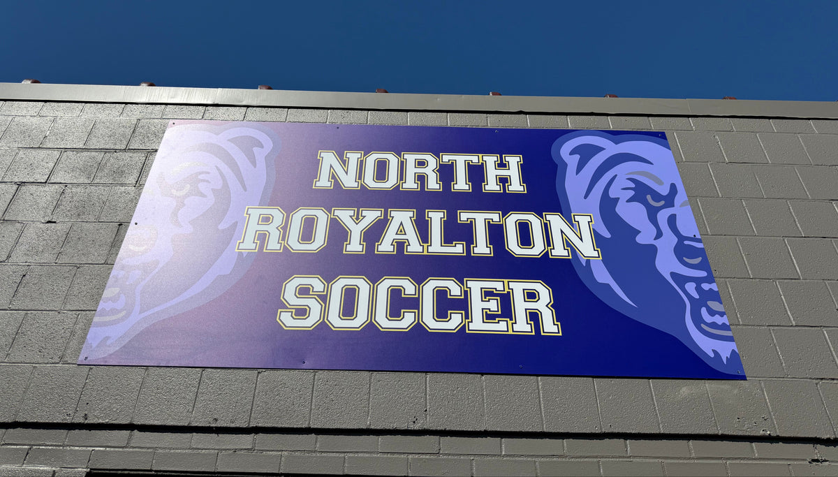 Printed 4' x 8' sheet of DiBond Aluminum ACM board for Boys & Girls Soccer Locker Room at North Royalton HS, in North Royalton, OH