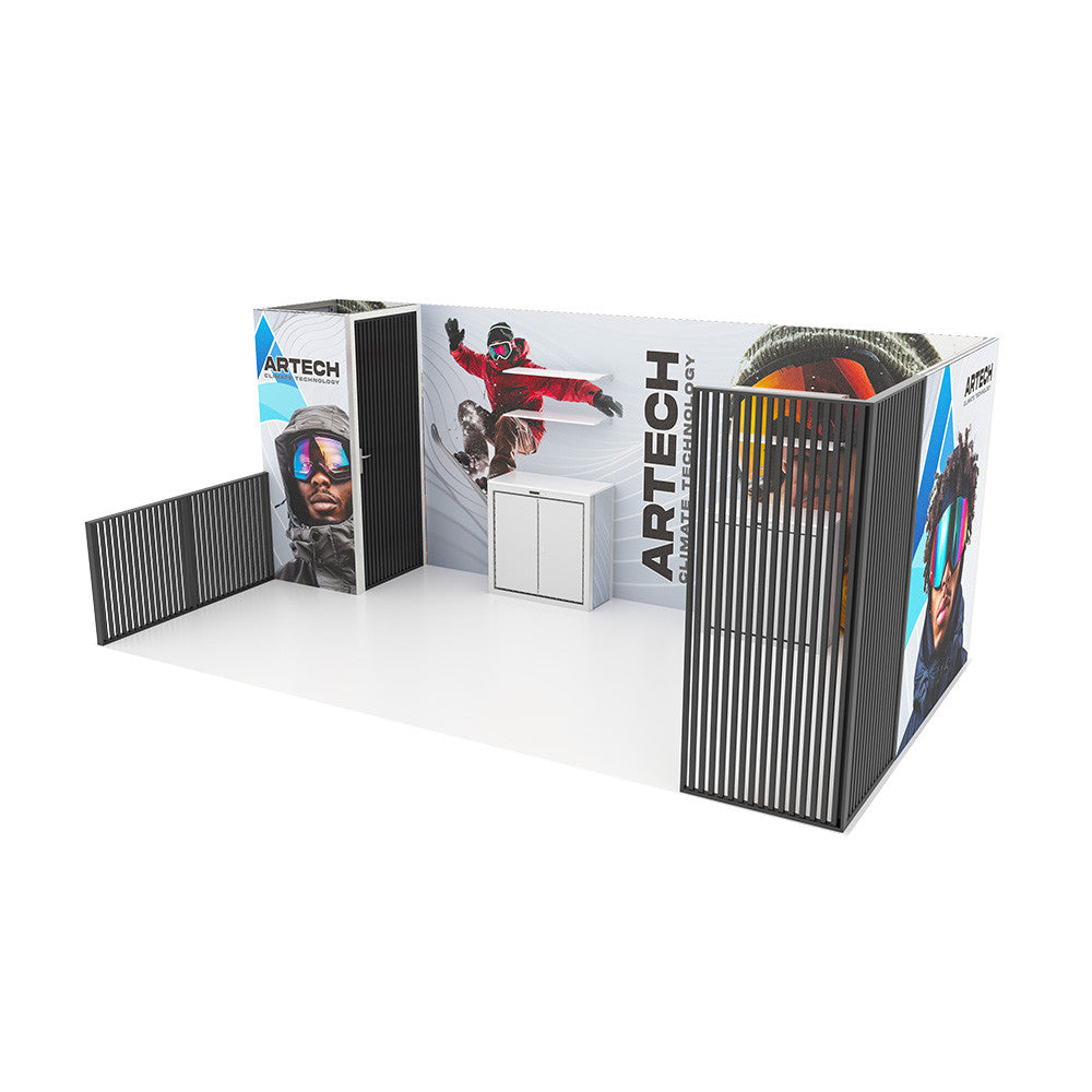 MODCO 23 custom 20x10 modular trade show booth package architectural aluminum SEG fabric display system