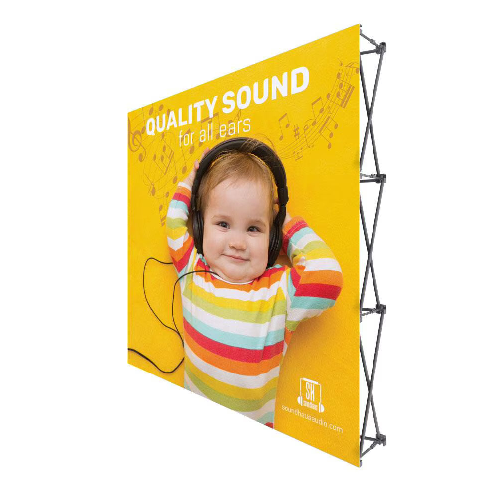 One Choice 8 ft fabric pop-up display graphic package without endcaps, showing the flat front face of the backdrop
