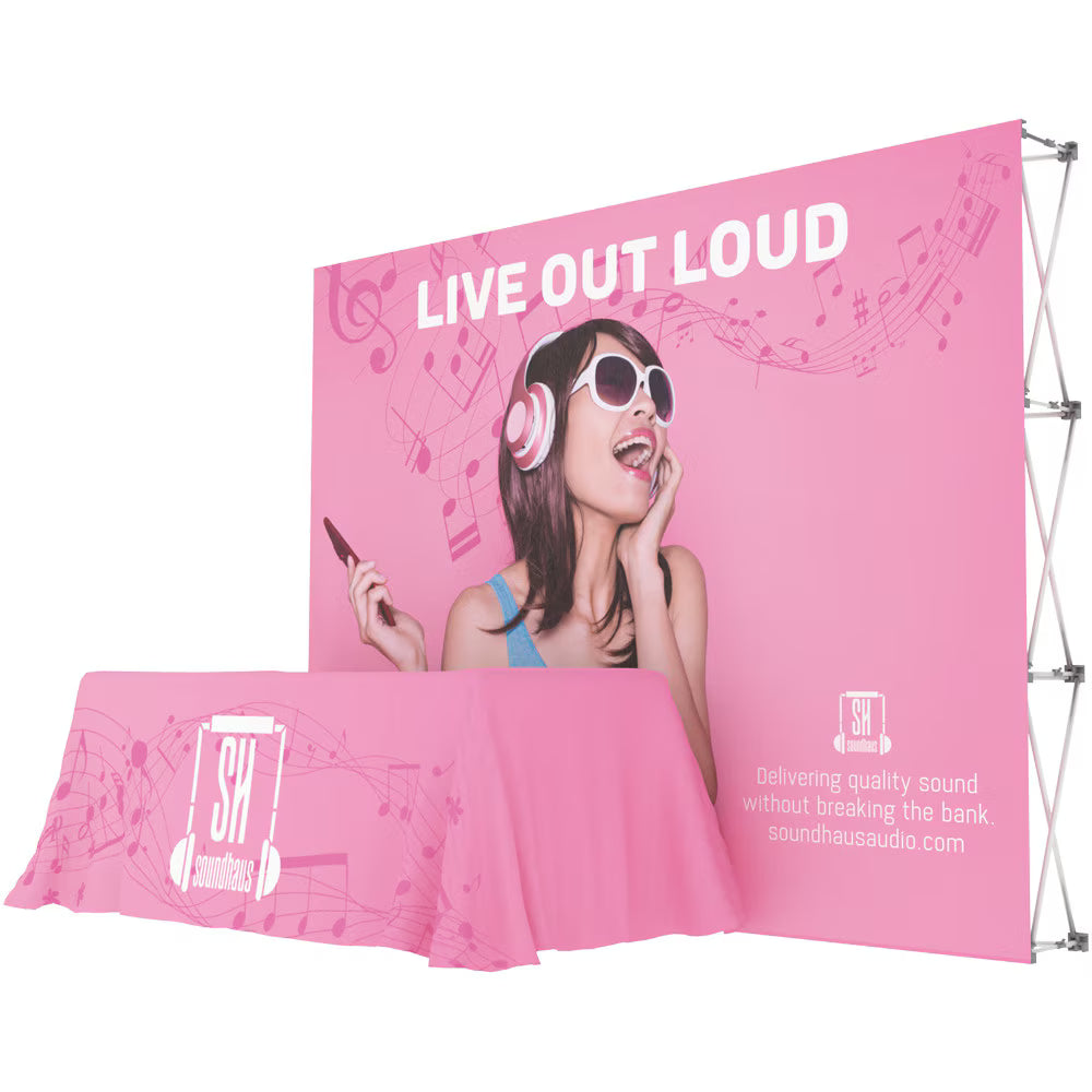 10ft pop up trade show backdrop fabric display showcase package d with podium counter and spotlights