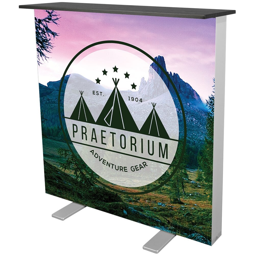 One Choice illuminated LED lightbox counter trade show backlit podium with custom SEG fabric graphic and travel case