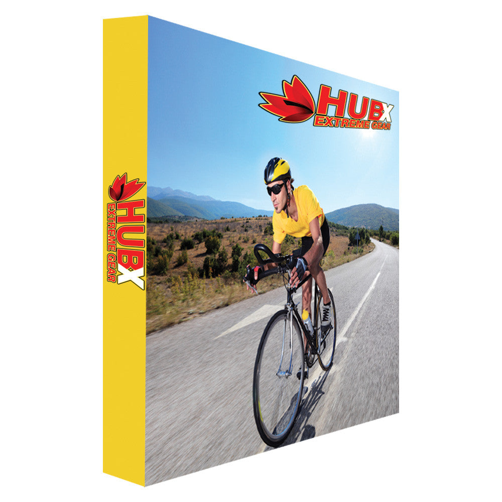8 ft straight fabric pop-up display frame with single-sided graphic package attached
