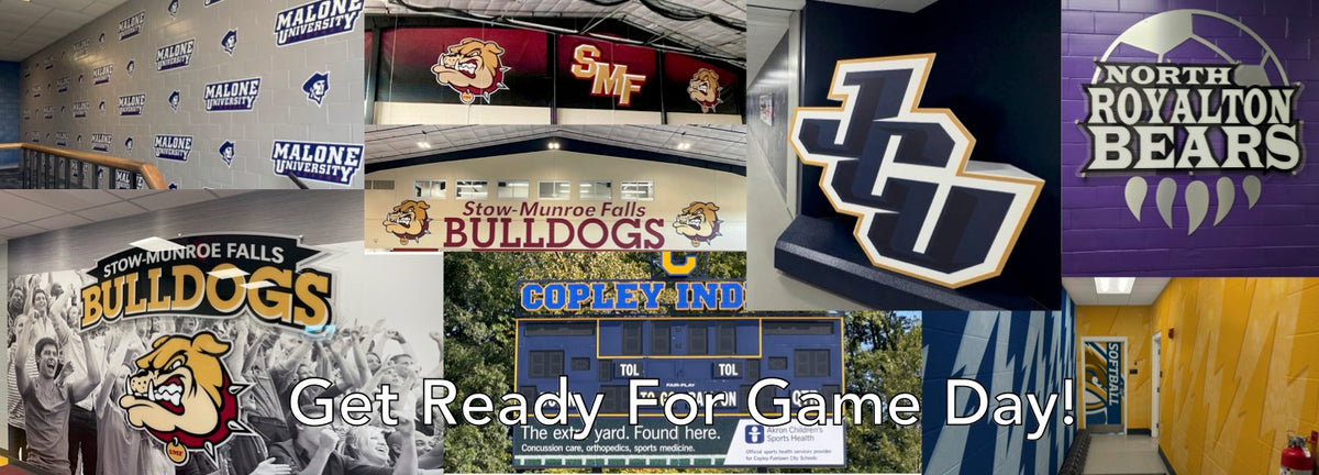 Mural of various High School and College Graphics and display solutions like smooth wall graphics, DiBond Printed Graphics, Clear Acrylic Graphics, 3D Foam Displays, BrickWrap Graphics, and Backlit Sticker Scoreboard Graphics. Locations are Stow HS, Kent State University, John Carroll University, North Royalton HS, Malone University, and Copley HS in Ohio