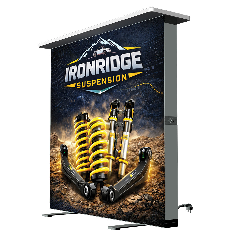Illuminated VersaLume collapsible lightbox counter with custom vibrant SEG fabric graphic.