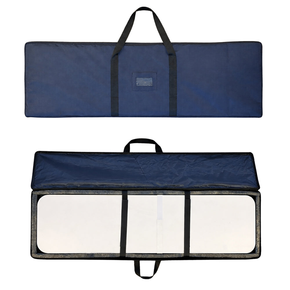 The collapsible counter frame, countertop, and fabric graphics packed into the included protective travel bag.