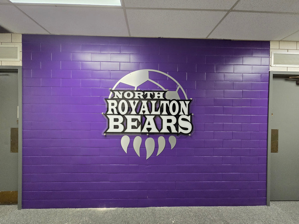 Multi-dimensional soccer hall of fame logo using brushed aluminum DiBond and acrylic standoffs