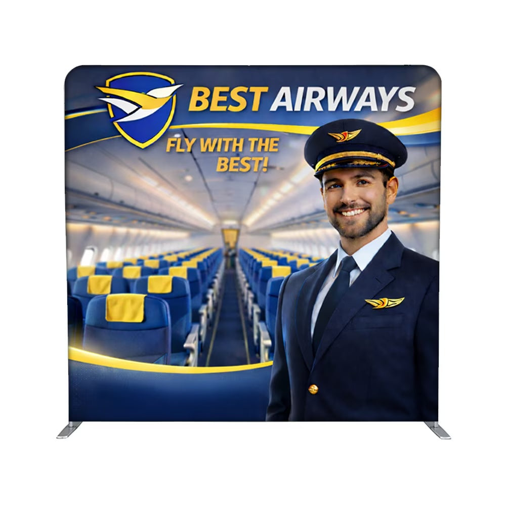 The EZ Stand Flight convertible frame condensed to an 8ft wide layout with a seamless custom pillowcase fabric graphic.