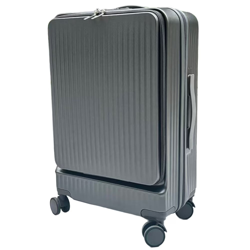 Front angle view of the compact, travel-ready wheeled carry-on case designed to fit standard airline overhead bins.