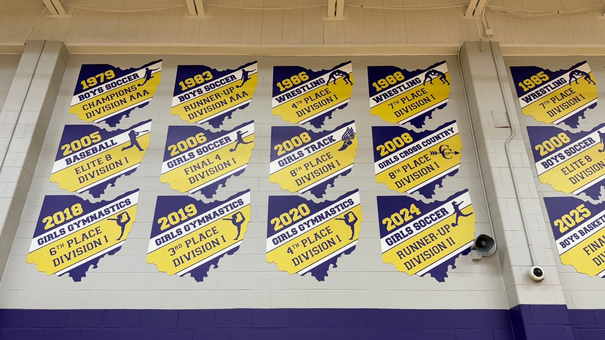 Custom PVC Sintra State Championship signs cut into the shape of Ohio for North Royalton High School in North Royalton, OH