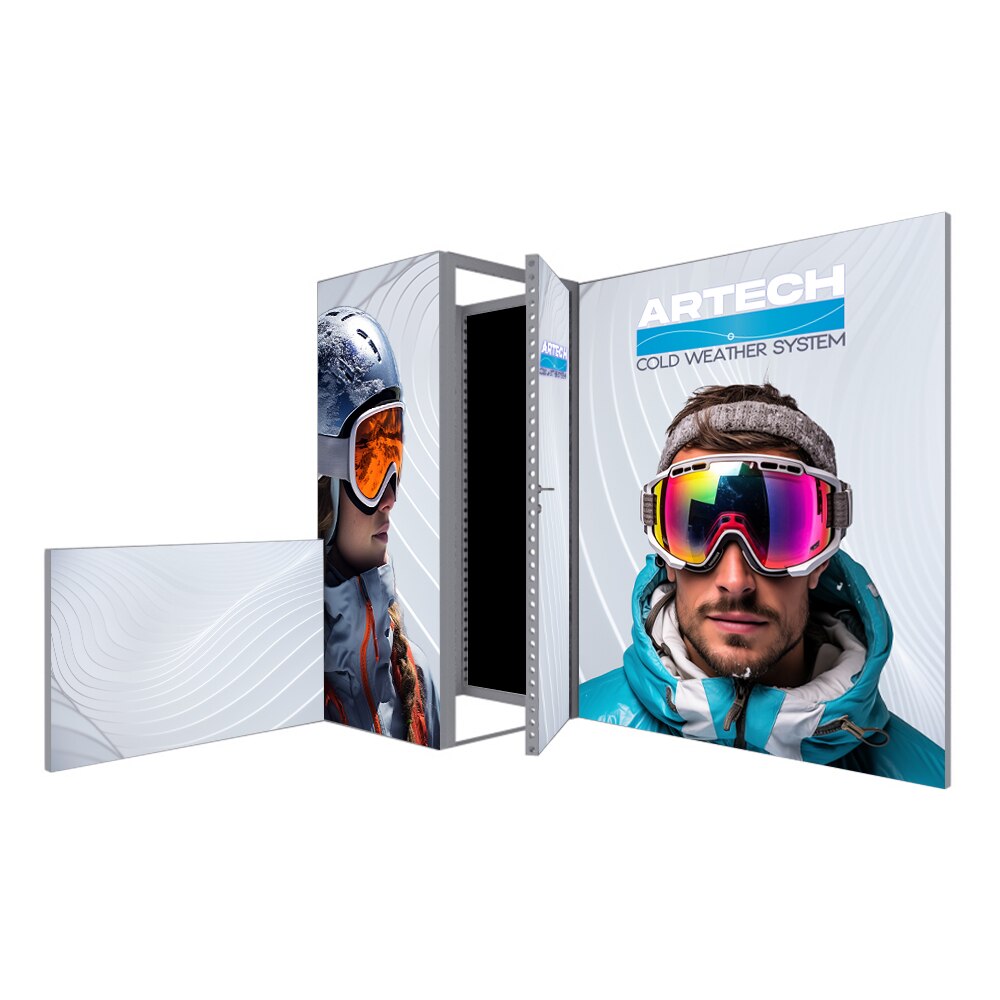 MODCO 30 custom 10x10 modular trade show booth package with built-in storage room, aluminum frame and SEG fabric graphics