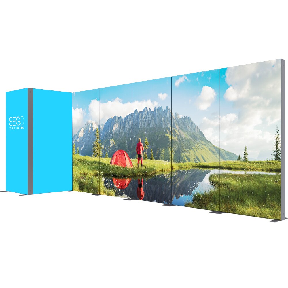 SEGO modular lightbox display Configuration J, 20 ft backlit wall with storage room