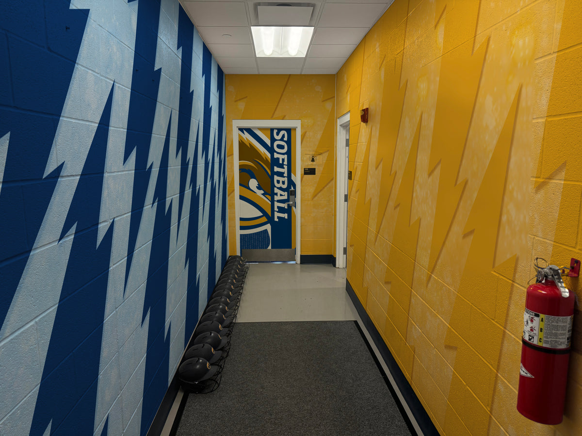Kent State University Softball Locker Room hallway printed on a BrickWrap sticker along with door on graphics printed on smooth surface sticker with matte over laminate