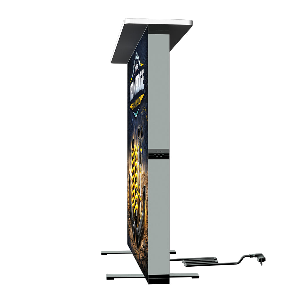 Side angle view of the 39-inch tall backlit trade show podium showing its 16-inch depth.