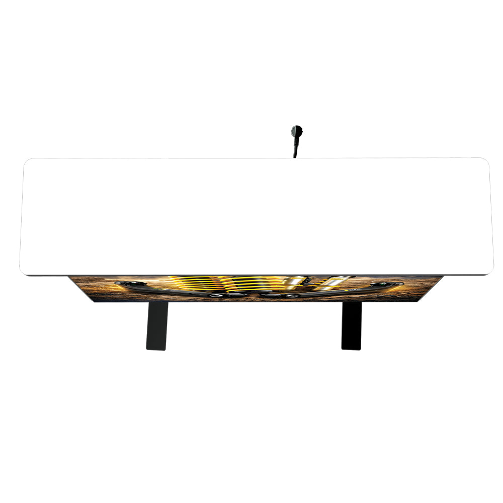Close-up of the 40-inch wide countertop surface on the VersaLume portable LED display desk.