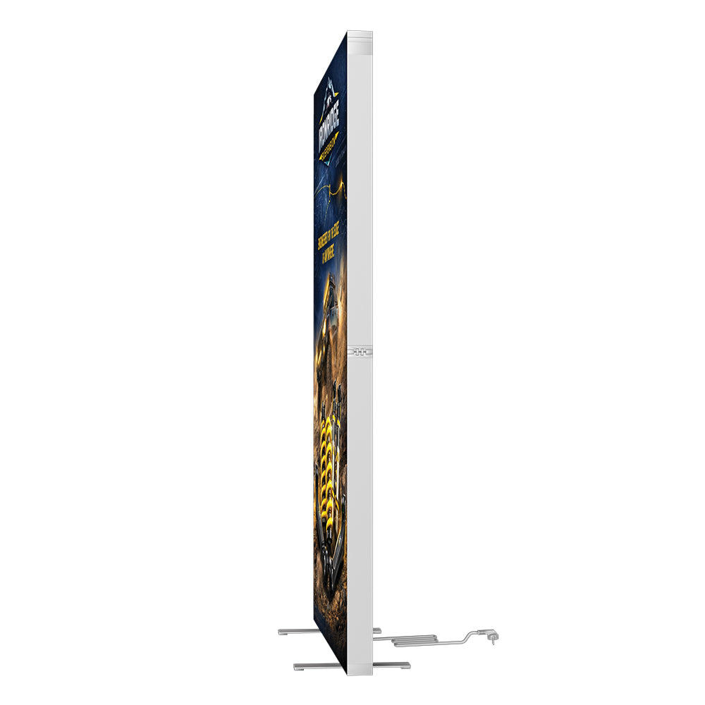 Modern, sleek 41.4-inch wide illuminated fabric display used for product promotion in a high-traffic store aisle.