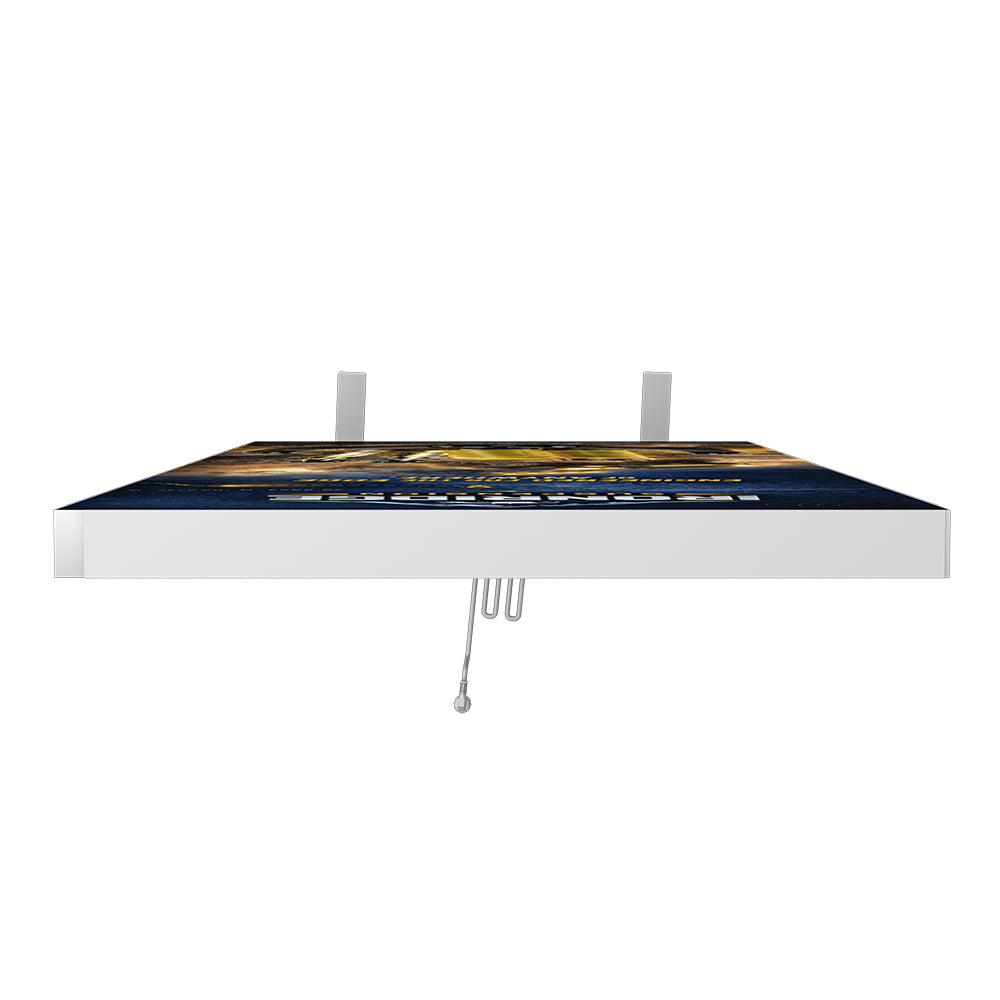Modern, sleek 41.4-inch wide illuminated fabric display used for product promotion in a high-traffic store aisle.